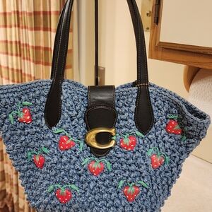 Coach Small Tote with Strawberry Embroidery in Washed Chambray. 